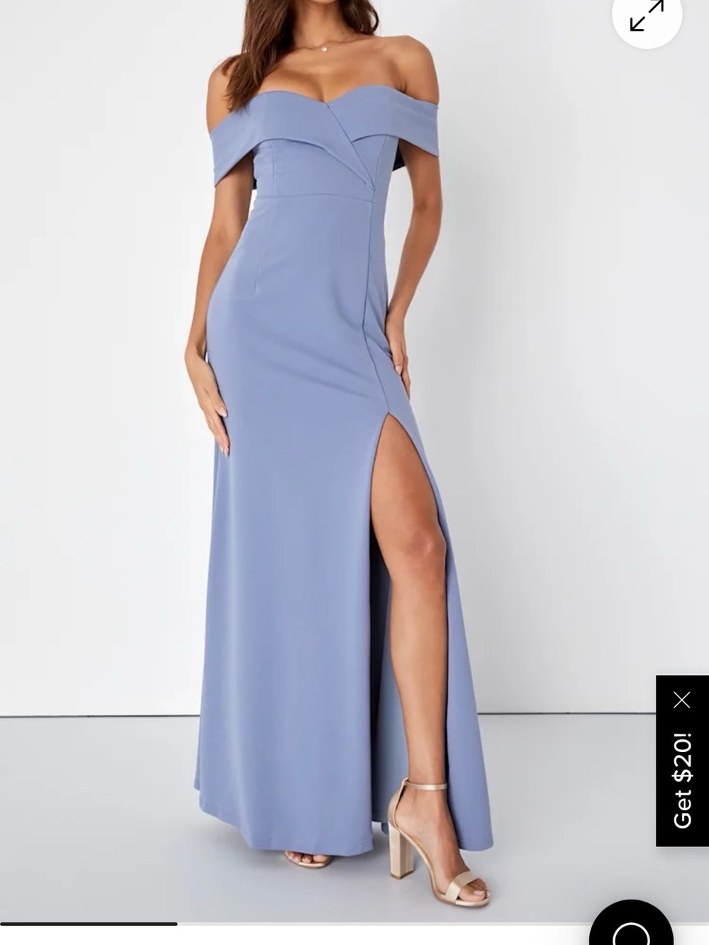 Lulu's Off Shoulder Blue Evening Gown with High Side Slit